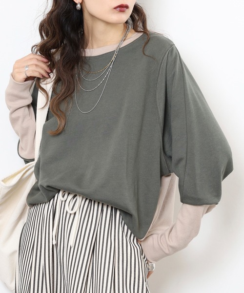 myke(ミーカ)の「myke TC裏毛 配色袖リブドルマンプルオーバー(Tシャツ/カットソー・レディース・アイボリー/マルチ/カーキ/杢グレー・M)」の3枚目の写真