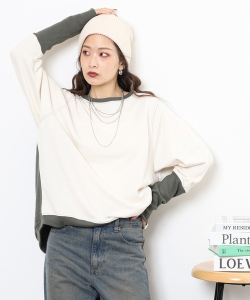 myke(ミーカ)の「myke TC裏毛 配色袖リブドルマンプルオーバー(Tシャツ/カットソー・レディース・アイボリー/マルチ/カーキ/杢グレー・M)」の1枚目の写真
