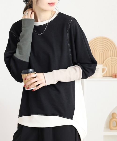 myke(ミーカ)の「myke TC裏毛 配色袖リブドルマンプルオーバー(Tシャツ/カットソー・レディース・アイボリー/マルチ/カーキ/杢グレー・M)」の4枚目の写真