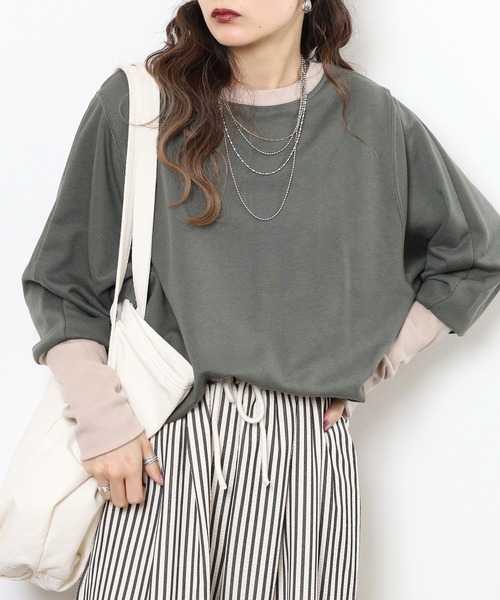 myke(ミーカ)の「myke TC裏毛 配色袖リブドルマンプルオーバー(Tシャツ/カットソー・レディース・アイボリー/マルチ/カーキ/杢グレー・M)」の16枚目の写真
