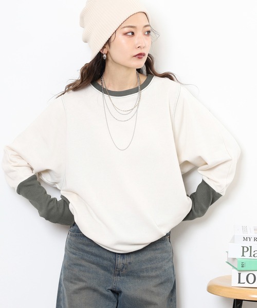 myke(ミーカ)の「myke TC裏毛 配色袖リブドルマンプルオーバー(Tシャツ/カットソー・レディース・アイボリー/マルチ/カーキ/杢グレー・M)」の5枚目の写真