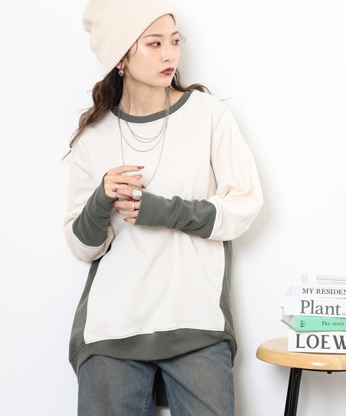 myke(ミーカ)の「myke TC裏毛 配色袖リブドルマンプルオーバー(Tシャツ/カットソー・レディース・アイボリー/マルチ/カーキ/杢グレー・M)」の7枚目の写真