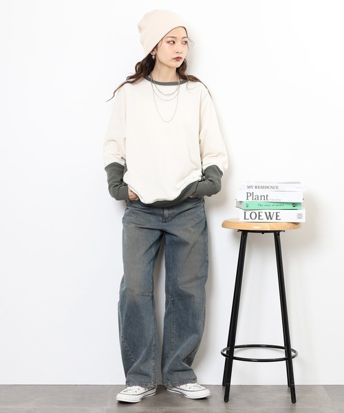myke(ミーカ)の「myke TC裏毛 配色袖リブドルマンプルオーバー(Tシャツ/カットソー・レディース・アイボリー/マルチ/カーキ/杢グレー・M)」の8枚目の写真