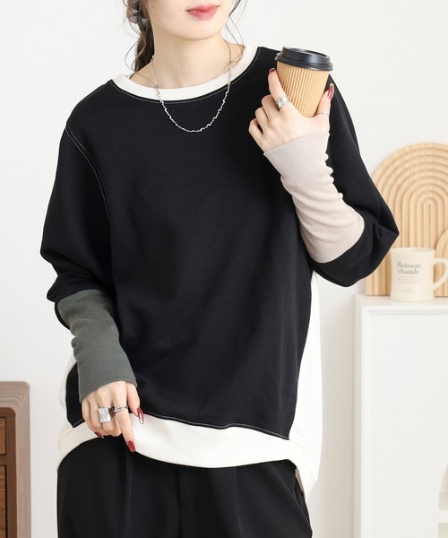 myke(ミーカ)の「myke TC裏毛 配色袖リブドルマンプルオーバー(Tシャツ/カットソー・レディース・アイボリー/マルチ/カーキ/杢グレー・M)」の22枚目の写真