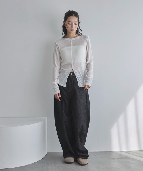 feepur(フェピュール)の「センタースリットシアーロンTee(Tシャツ/カットソー・レディース・ブラック/オフホワイト/ブラウン・MEDIUM)」の4枚目の写真