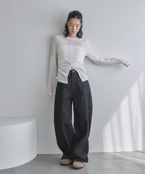 feepur(フェピュール)の「センタースリットシアーロンTee(Tシャツ/カットソー・レディース・ブラック/オフホワイト/ブラウン・MEDIUM)」の6枚目の写真