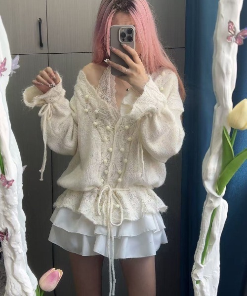 VIBGYOR（ヴィブジョー）の「【LAMPOON】ポンポンニットカーディガン（カーディガン/ボレロ・レディース・グレー/アイボリー・FREE）」の6枚目の写真