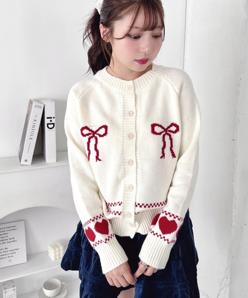 最終価格☆赤ORB刺繍カーディガン【白】 セール】リボンハートジャガードニットカーディガン（カーディガン