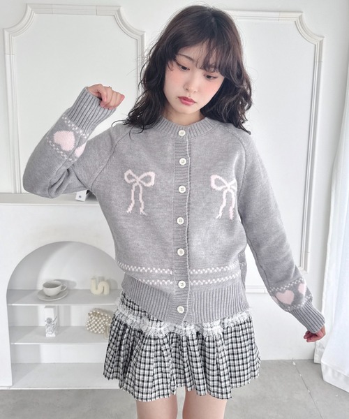 セール】リボンハートジャガードニットカーディガン（カーディガン