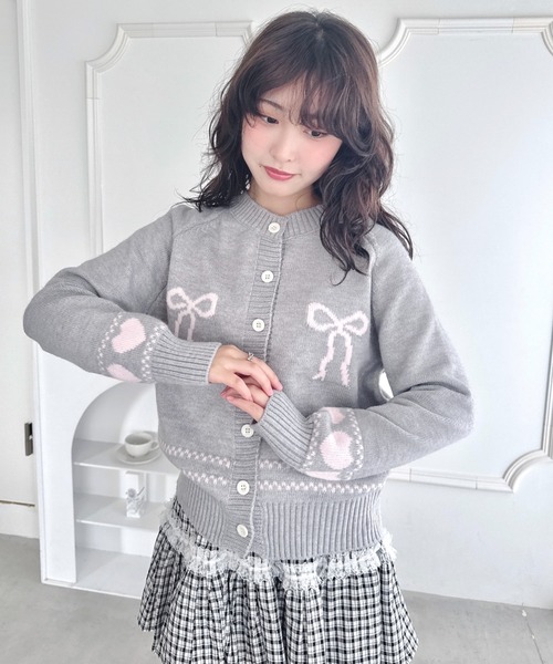 セール】リボンハートジャガードニットカーディガン（カーディガン
