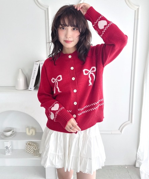 最終価格☆赤ORB刺繍カーディガン【白】 CHILD WOMAN - ポリエステルミラノリブ ハマグリ刺繍カーディガン