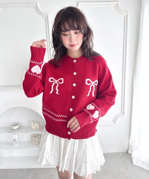 セール】リボンハートジャガードニットカーディガン（カーディガン