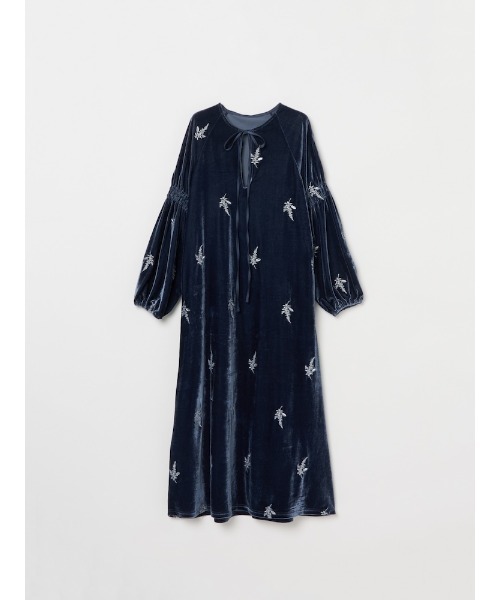 Velour Embroidery Shirring Sleeve Dress/ベロアエンブロイダリー
