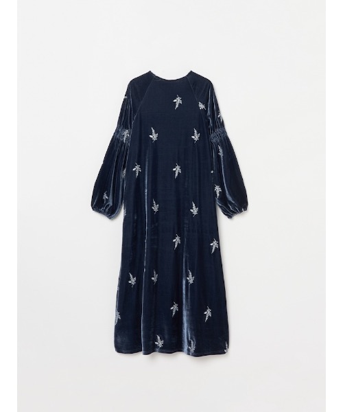 Velour Embroidery Shirring Sleeve Dress/ベロアエンブロイダリー