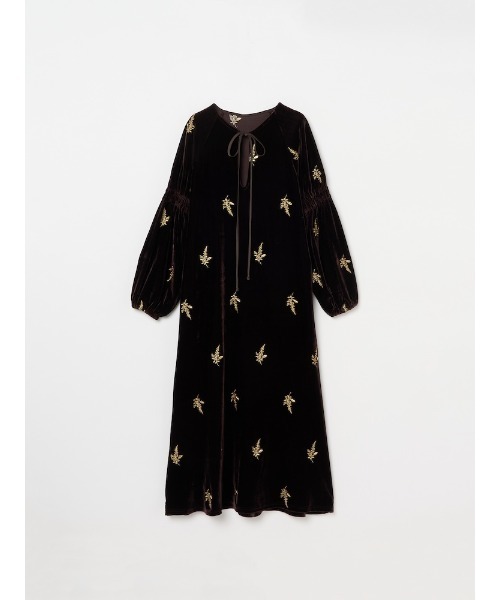 Velour Embroidery Shirring Sleeve Dress/ベロアエンブロイダリー