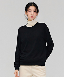 女性ルーズフィットデイリー起毛マンツーマンTシャツ-ブラック