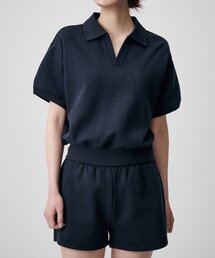 ウィメンズダブルニットカラー半袖スウェットシャツ[ネイビー]