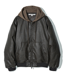 レイヤードフードレザーキルティングジャケットブラウン