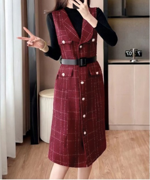 gossip！ロサンゼルス（ゴシップロサンゼルス）の「Y2K レトロ チェック柄ベストワンピース ウエストベルト付き（ワンピース・レディース・ブラック/ワイン・M/L）」の10枚目の写真