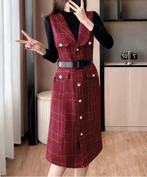 gossip！ロサンゼルス（ゴシップロサンゼルス）の「Y2K レトロ チェック柄ベストワンピース ウエストベルト付き（ワンピース・レディース・ブラック/ワイン・M/L）」の13枚目の写真
