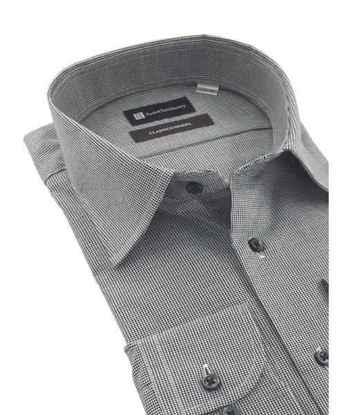 Perfect Suit FActory(パーフェクトスーツファクトリー)の「【ノンアイロン】長袖ワイシャツ【クラシコ】BLACK TRAD 先染め千鳥柄 ブラック(ビジネスシャツ・メンズ・ブラック・首回り37cm-裄丈80cm/首回り39cm-裄丈82cm/首回り41cm-裄丈84cm/首回り43cm-裄丈86cm)」の1枚目の写真