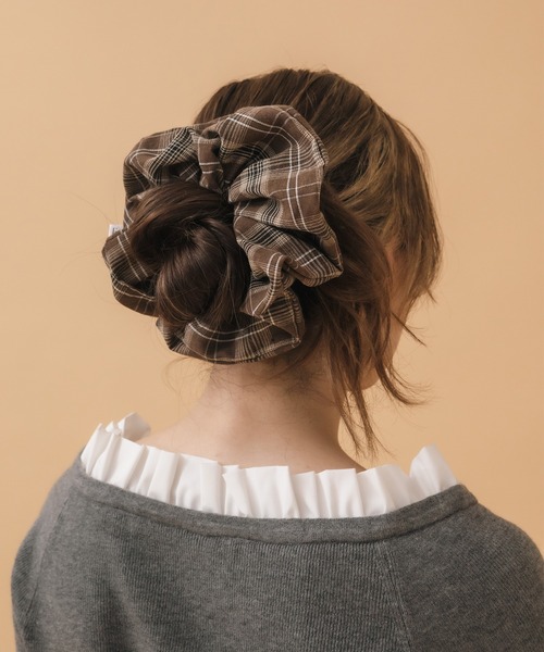 チェック柄シュシュ / チェック ブラウン ブラウン ビッグ ヘアゴム