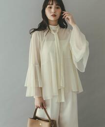 シアーラメチュールフレアスリーブブラウス