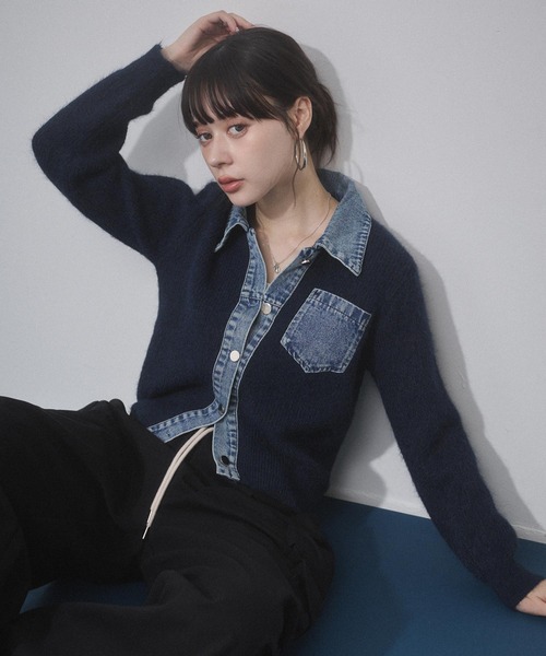 ENVYM(アンビー)の「デニムレイヤードニットジャケット(その他アウター・レディース・ホワイト/グレー/ネイビー・FREE)」の3枚目の写真