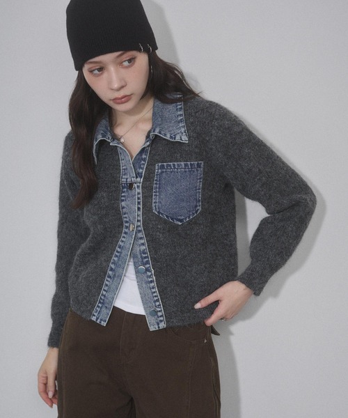 ENVYM(アンビー)の「デニムレイヤードニットジャケット(その他アウター・レディース・ホワイト/グレー/ネイビー・FREE)」の1枚目の写真