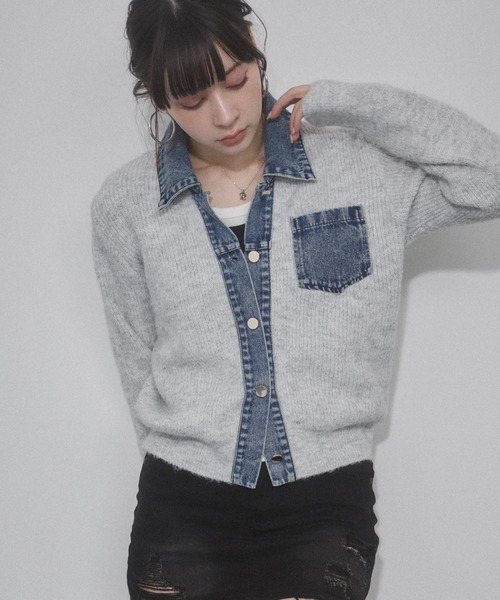 ENVYM(アンビー)の「デニムレイヤードニットジャケット(その他アウター・レディース・ホワイト/グレー/ネイビー・FREE)」の2枚目の写真