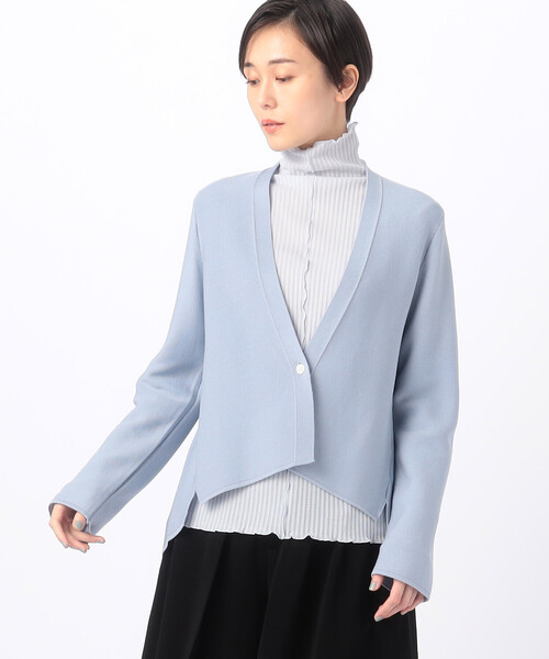 Gabardine K.T(ギャバジンケーティー)の「〔 +サイズ 〕 【セットアップ対応】ブライトストレッチヤーン ニットショートジャケット(カーディガン/ボレロ・レディース・ネイビー/サックスブルー・13号/17号)」の2枚目の写真