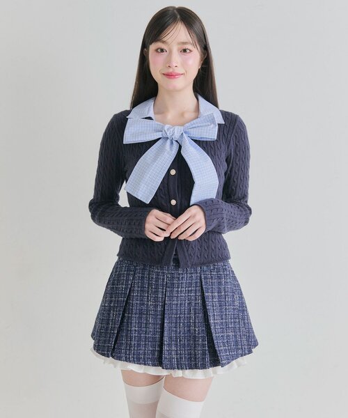 OLIVE des OLIVE（オリーブデオリーブ）の「【2WAY】ケーブルボウタイニット（ニット/セーター・レディース・ネイビー/サックスブルー/ブラック/トップグレー・FREE）」の5枚目の写真