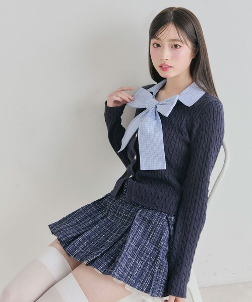 OLIVE des OLIVE（オリーブデオリーブ）の「【2WAY】ケーブルボウタイニット（ニット/セーター・レディース・ネイビー/サックスブルー/ブラック/トップグレー・FREE）」の6枚目の写真
