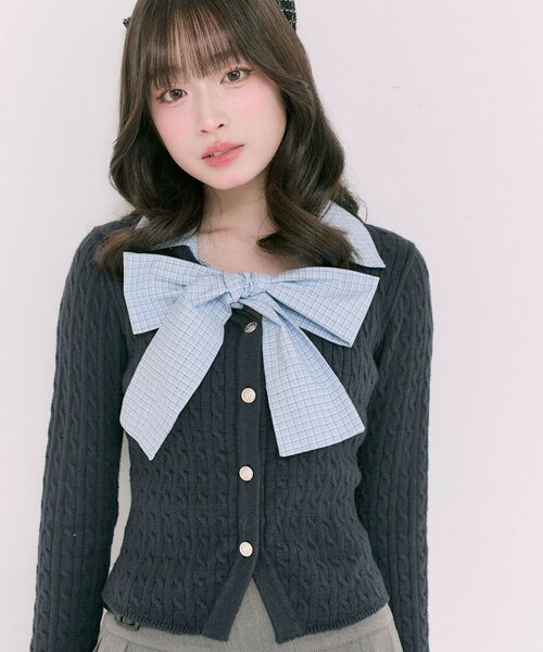 OLIVE des OLIVE（オリーブデオリーブ）の「【2WAY】ケーブルボウタイニット（ニット/セーター・レディース・ネイビー/サックスブルー/ブラック/トップグレー・FREE）」の10枚目の写真