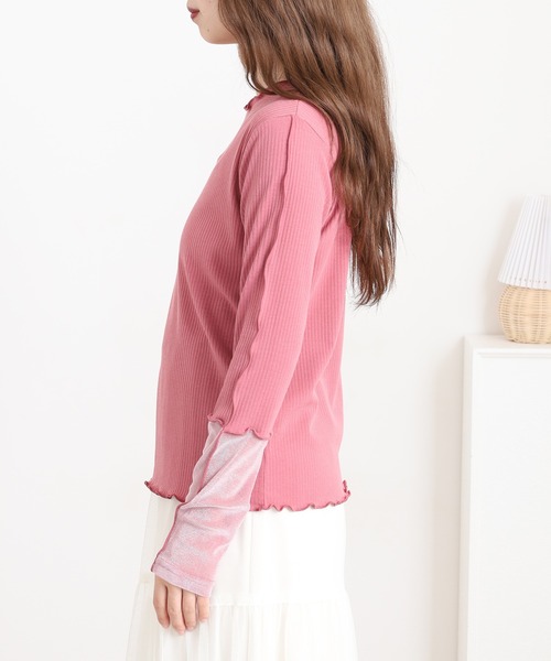 Anna Nicola(アンナニコラ)の「Anna Nicola 袖チュールロゴカットソー(Tシャツ/カットソー・レディース・オフホワイト/ピンク/チャコールグレー/ブラック・38)」の6枚目の写真