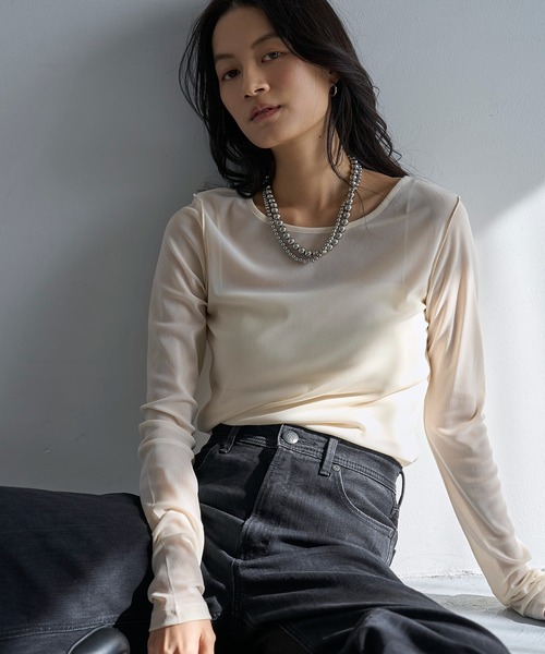 meilmada（メイルマダ）の「ロングスリーブメッシュシアートップス（Tシャツ/カットソー・レディース・アイボリー/ブラック/ブルーグレー/ピンク・FREE）」の13枚目の写真