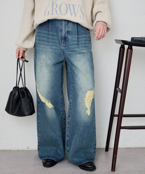 DISCOAT（ディスコート）の「【Enlude】ダメージデニムワイドパンツ《ユニセックス》（デニムパンツ・レディース・インディゴブルー・MEDIUM/SMALL/LARGE）」の4枚目の写真