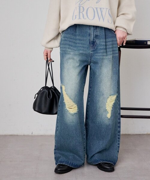 DISCOAT（ディスコート）の「【Enlude】ダメージデニムワイドパンツ《ユニセックス》（デニムパンツ・レディース・インディゴブルー・MEDIUM/SMALL/LARGE）」の5枚目の写真