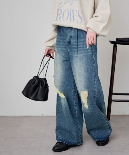 DISCOAT（ディスコート）の「【Enlude】ダメージデニムワイドパンツ《ユニセックス》（デニムパンツ・レディース・インディゴブルー・MEDIUM/SMALL/LARGE）」の6枚目の写真