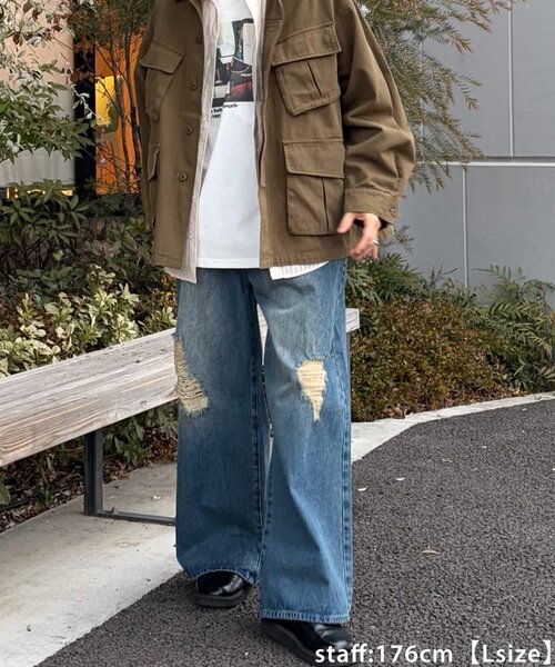 DISCOAT（ディスコート）の「【Enlude】ダメージデニムワイドパンツ《ユニセックス》（デニムパンツ・レディース・インディゴブルー・MEDIUM/SMALL/LARGE）」の10枚目の写真