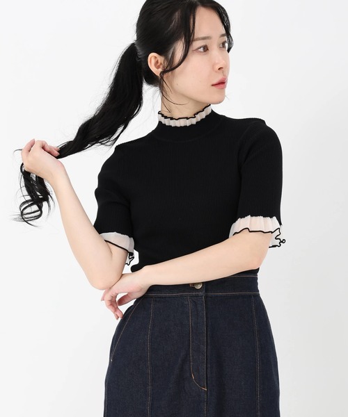 STRAWBERRY-FIELDS（ストロベリーフィールズ）の「エレナストレッチ_シアーフリルネック5分袖ニット（ニット/セーター・レディース・ブラック×ホワイト/ブラック/オフホワイト/ミント・2）」の4枚目の写真