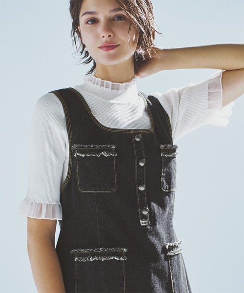 STRAWBERRY-FIELDS（ストロベリーフィールズ）の「エレナストレッチ_シアーフリルネック5分袖ニット（ニット/セーター・レディース・ブラック×ホワイト/ブラック/オフホワイト/ミント・2）」の2枚目の写真