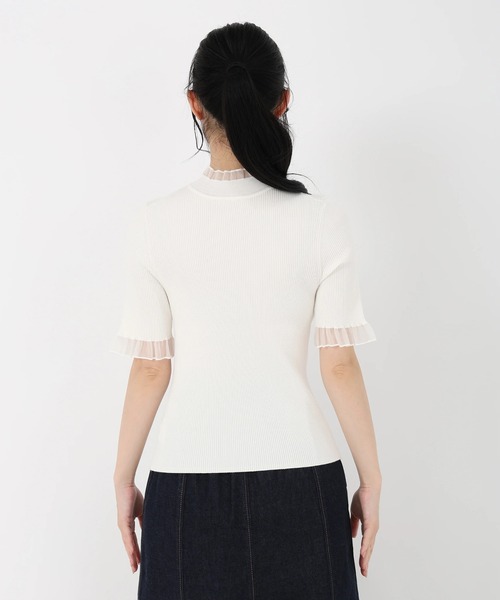 STRAWBERRY-FIELDS（ストロベリーフィールズ）の「エレナストレッチ_シアーフリルネック5分袖ニット（ニット/セーター・レディース・ブラック×ホワイト/ブラック/オフホワイト/ミント・2）」の7枚目の写真