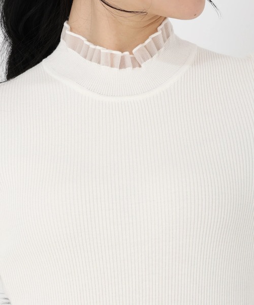 STRAWBERRY-FIELDS（ストロベリーフィールズ）の「エレナストレッチ_シアーフリルネック5分袖ニット（ニット/セーター・レディース・ブラック×ホワイト/ブラック/オフホワイト/ミント・2）」の8枚目の写真