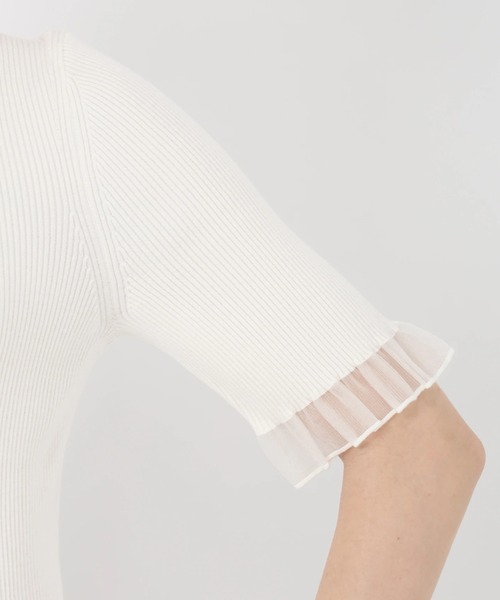 STRAWBERRY-FIELDS（ストロベリーフィールズ）の「エレナストレッチ_シアーフリルネック5分袖ニット（ニット/セーター・レディース・ブラック×ホワイト/ブラック/オフホワイト/ミント・2）」の10枚目の写真