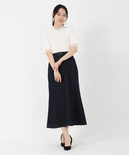 STRAWBERRY-FIELDS（ストロベリーフィールズ）の「エレナストレッチ_シアーフリルネック5分袖ニット（ニット/セーター・レディース・ブラック×ホワイト/ブラック/オフホワイト/ミント・2）」の12枚目の写真