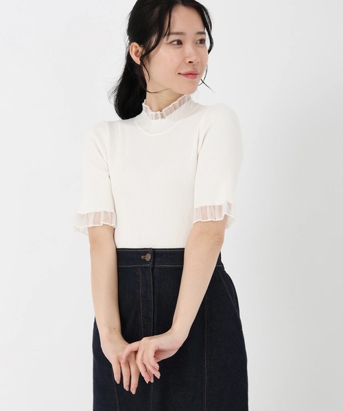 STRAWBERRY-FIELDS（ストロベリーフィールズ）の「エレナストレッチ_シアーフリルネック5分袖ニット（ニット/セーター・レディース・ブラック×ホワイト/ブラック/オフホワイト/ミント・2）」の5枚目の写真