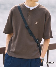 KANGOL/カンゴール 別注 ロゴ ワンポイント刺繍 ヘンリーネック ショート丈 ワッフル 半袖Tシャツ