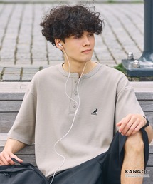 KANGOL/カンゴール 別注 ロゴ ワンポイント刺繍 ヘンリーネック ショート丈 ワッフル 半袖Tシャツ