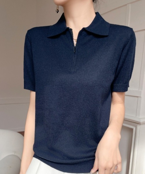 Ritzy(リッツィー)の「ジップアップポロニットトップス(Tシャツ/カットソー・レディース・ライトグレー/ダークグレー/ネイビー/イエロー/ホワイト・M/L)」の1枚目の写真